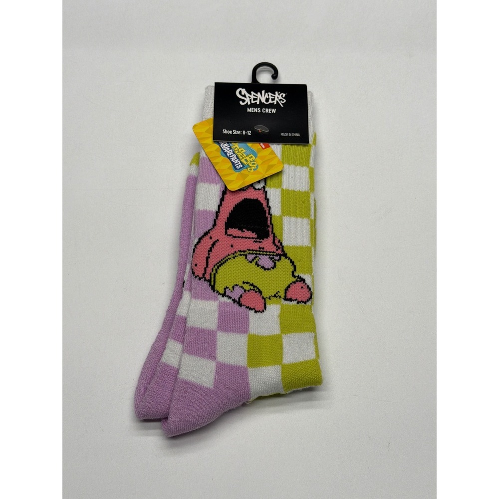 Spencer‎ Mens Crew Socks Spongebob Patrick Star Checkered Purple Green size 8-12